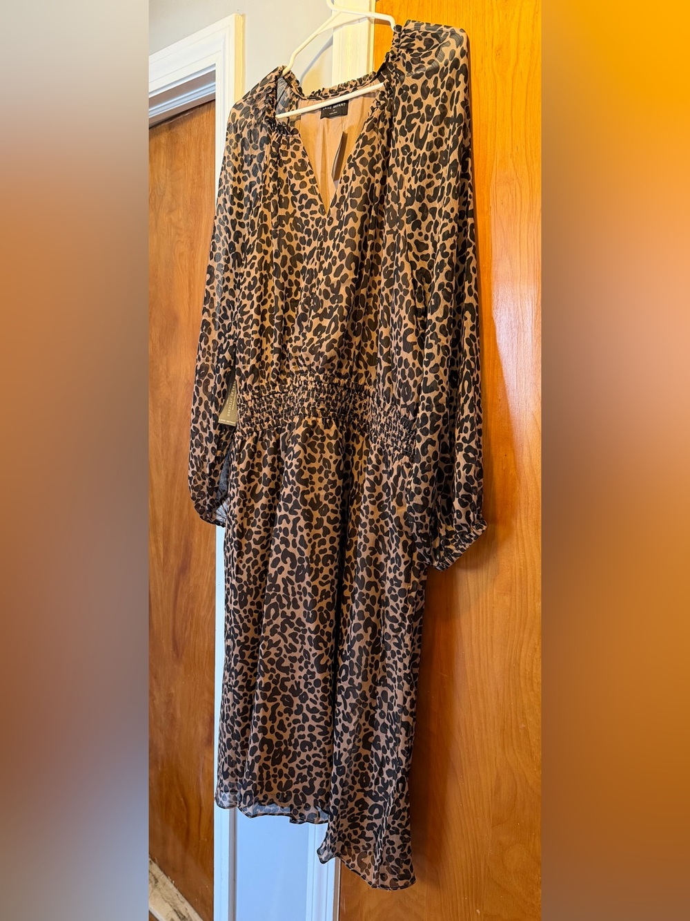 Lane Bryant Ruffle Detail Fit & Flare Leopard-Print Long Sleeve Midi Dress NWT